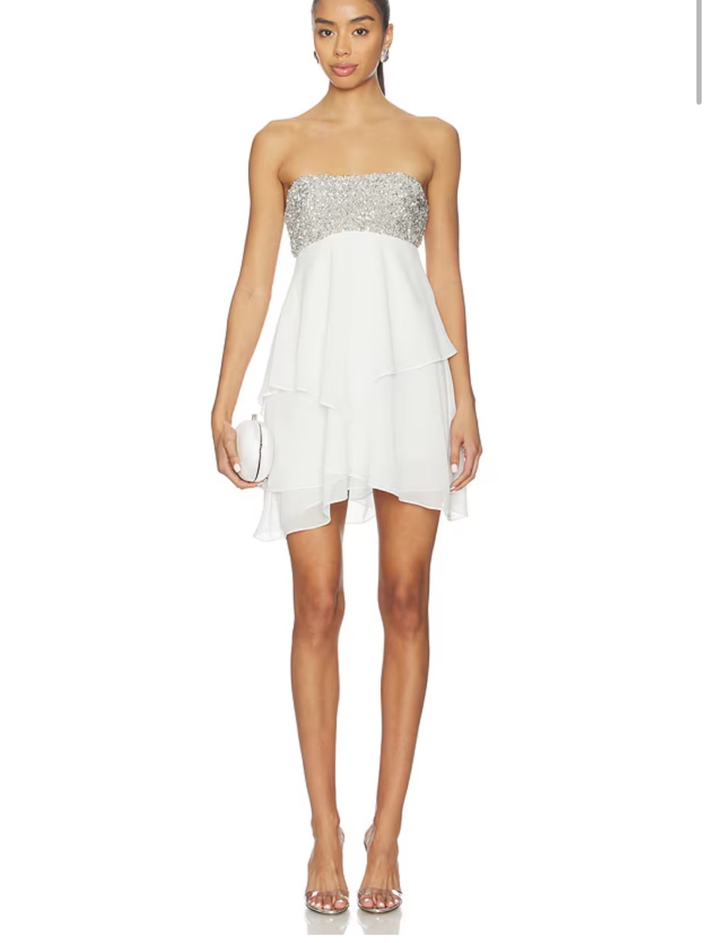 Lovers + Friends White Strapless Chiffon Dress with Silver Sequin Bodice